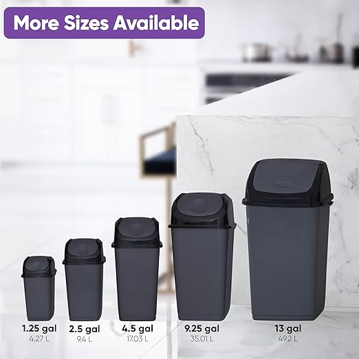Superio 13 Gallon Plastic Swing Lid Trash Can, Grey/Black 2 Pack, Ideal for Home, Office, Garage, Patio, and Outdoor Use
