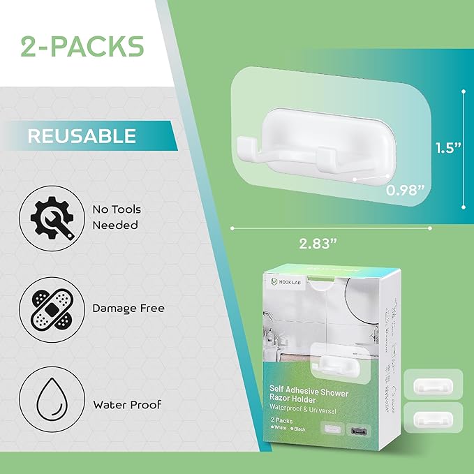 Hook LAB Self-Adhesive Shower Razor Holder, 2-Pack, Removable & Reusable Waterproof Hooks, for Towels, Bath Accessories, Kitchen & Bathroom Use - White