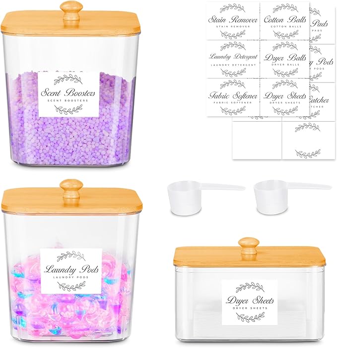 efluky 3 Pack Laundry Pods Container & Dryer Sheet Holder Set,Clear Laundry Room Organization Containers with Bamboo Lids and Labels,Laundry Pods Holder for Scent Booster,Powder,Pod