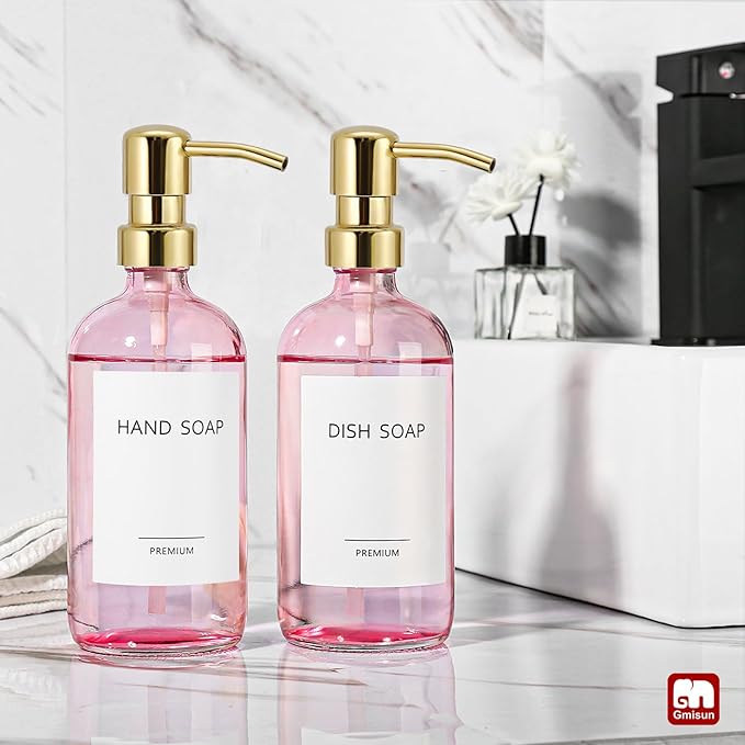 GMISUN Pink Soap Dispenser Bathroom, 2 Pack Kitchen Hand and Dish Soap Dispensers Set, 17 Fl Oz Pink Glass Soap Dispenser with Gold Pump, Refillable Modern Farmhouse Liquid Soap Pump Bottles