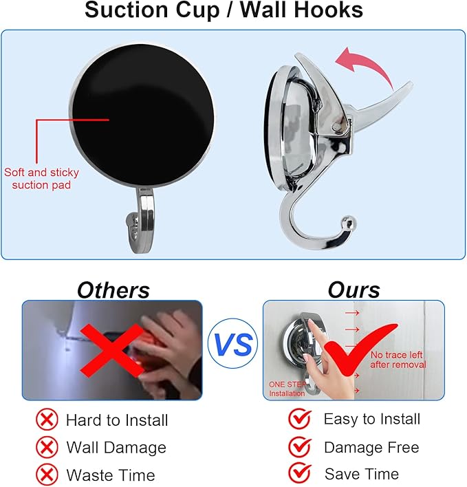 Heavy Duty Suction Cup Hooks for Shower, Bathroom Robe - Vacuum Glass Hooks, Reusable, No Hole Punched, for Garland Decoration (Silver, 2 Pack)
