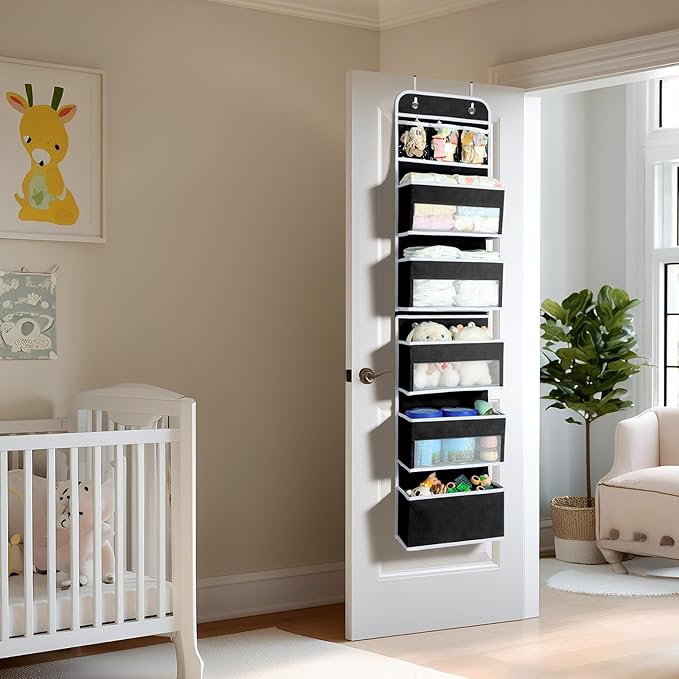 LAMU 6-Tier Over The Door Organizer, Swing - Proof Closet Door Organizer, Flexible 1 Split into 2 Over The Door Storage Organizer for Nursery, Bathroom, Bedroom, Black, 5 x 14 x 61in