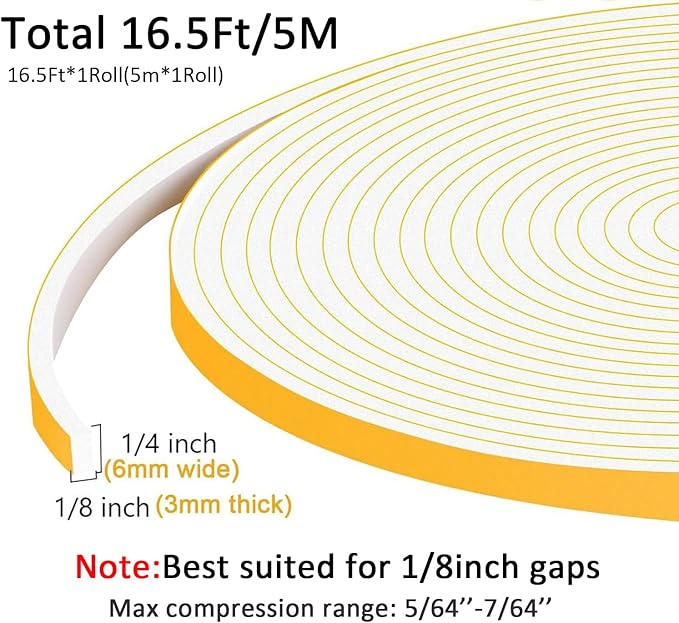 Weather Stripping Door Seal 1/4 inch Wide x 1/8 inch Thick Foam Insulation Door Seal Strip for Door Frame,Lightproof, Total 16.5Feet (16.5Ft x 1 Roll)