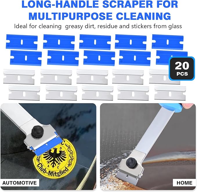 Razor Blade Scraper Tool with 10 Pcs Extra Replacement Metal and 10 Pcs Plastic Razor Blades, Long Handle Scraper Tool for Cleaning Cooktop, Paint, Tile, Window Glass Scraper