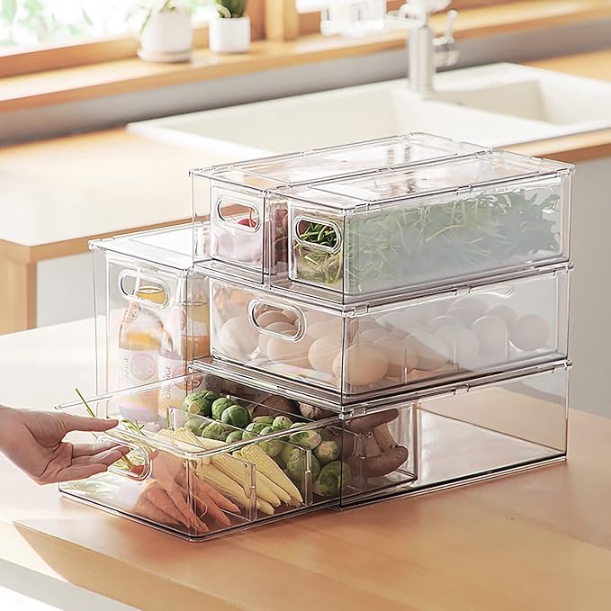 MineSign Stackable Fridge Drawer Pull-Out Bins with Handles 3 Pack Large Clear Food Container with Removable Dividers Refrigerator Storage box Divided Produce Saver for Pantry Kitchen