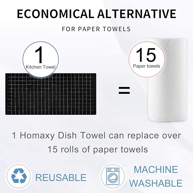 Homaxy 100% Cotton Terry Kitchen Towels(Black, 13 x 28 inches), Checkered Designed, Soft and Super Absorbent Dish Towels, 12 Pack