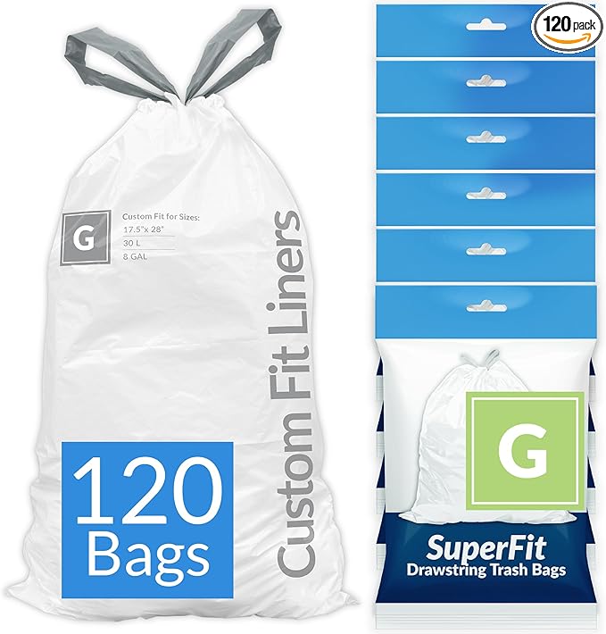 Reli. SuperFit Code G (120 Count) | Compatible with Simplehuman Code G | Dispenser Pack Custom Fit Liners | Drawstring Trash Bags | 30 Liter / 8 Gallon | White