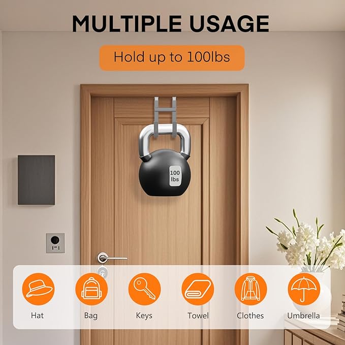 FYY Over The Door Hooks - 4 Pack Heavy Duty Dual-Hook Organizer Hanger with Non-Slip Rubber for Towels, Clothes, Hats & Bags Use in Bathroom, Bedroom, Kitchen - Fits Interior Doors Up to 1 3/8" Grey