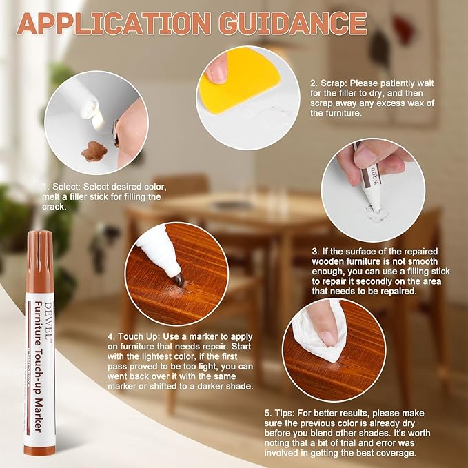 DEWEL Wood Furniture Markers & Filler Sticks Repair Kit, New Improved 18 Colors Touch Up Markers and Wax Sticks - Cover Damaged Wooden Surface and Floor, for Pet Scratches, Stains, Cracks and Dents