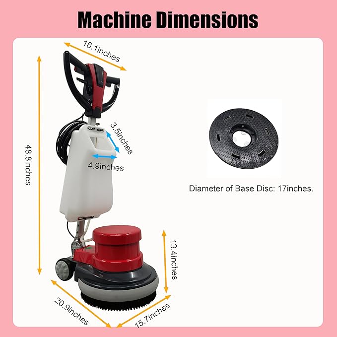 Floor Scrubber Buffer Heavy Duty Polisher Machine Polished Waxed Refurbished Tile Scrubber Cleaner Wood Marble Cement Pavement Epoxy Rubber Carpet Red Commercial Industrial Domestic