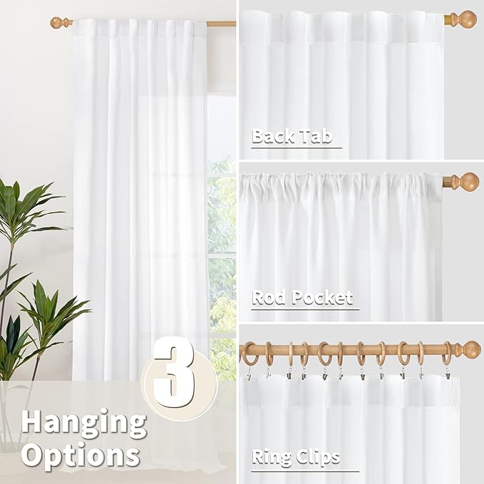 YoungsTex 72 Inch Length White Linen Curtains for Living Room 2 Panels, Rod Pocket Back Tab Semi Sheer Drapes for Light Filtering Window Treatments for Bedroom Dining, 52 X 72 Inch