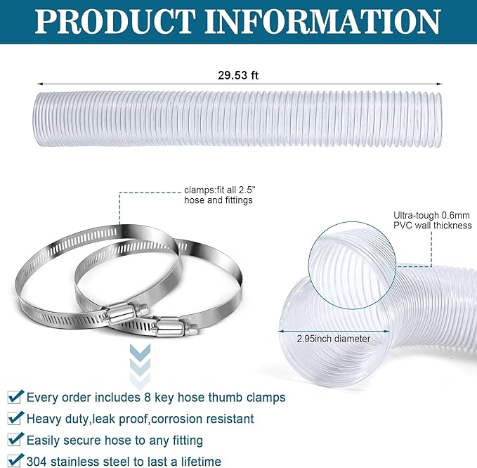 3 Inches 30 ft PVC Dust Collection Hose with Stainless Steel Hose Clamps Set Flexible Clear Vacuum Hose Puncture Resistant Fume Hose for Vacuums Cleaner Fume Dust Collection System (White)