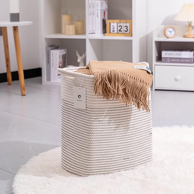 Medium and Large Woven Basket//With Handle, Used for Toys and Fabric Storage Basket used for Storing xl Storage Box, Decorative Storage Box Room (14L*15.7H I White/Black Line, 14L*10W*15.7H)