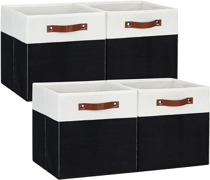 DULLEMELO Fabric Storage Bins for Shelves, Cube Storage Organizer Bins with PU Handles, Set of 4 Decorative Collapsible Storage Bins for Cube Storage,White&Black