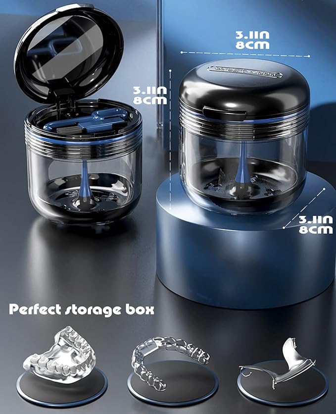 MURRI&MURRDI Denture Bath Case Holder with Mirror & Strainer Basket, Retainer Mouth Guard Soak Container Box, Braces Cleaner Cup, Travel Storage for Dentures, Retainers & Aligners (Dark Blue)