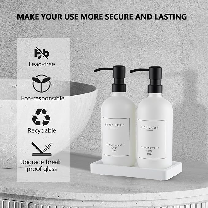 Thick Glass Soap Dispenser - Kitchen Dish Hand Soap Dispenser Set,Rustproof Pump Soap Lotion Dispenser Bathroom with Tray,14 Stickers for Kitchen Decor White Bottle/Black Pump