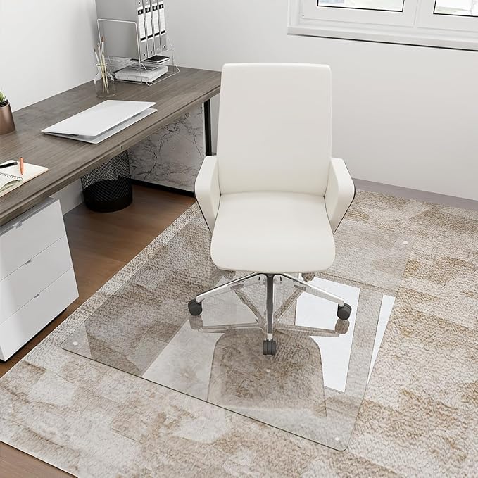 [Tempered Glass] 36" x 55" Glass Chair Mat, Heavy Duty Hard Floor Mat with Round Corner and Polished Edge, Office Chair Mat for Carpet Office Home Hardwood Floor Desk