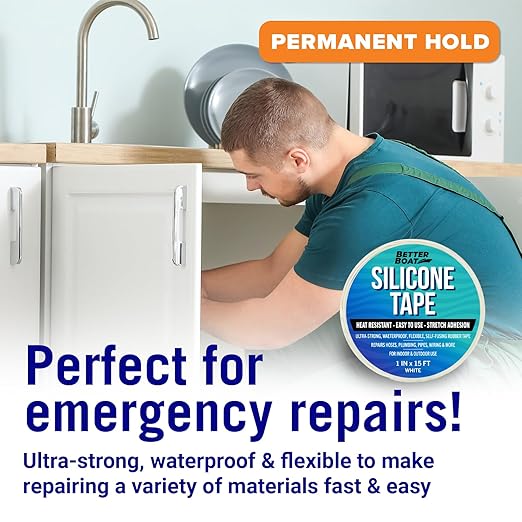White Heavy Duty Silicone Tape, Self-Fusing Rubber Hose and Plumbing Water Pipe Repair Seal, Coax Electrical or Waterproof Tape for Leaks, 15ft
