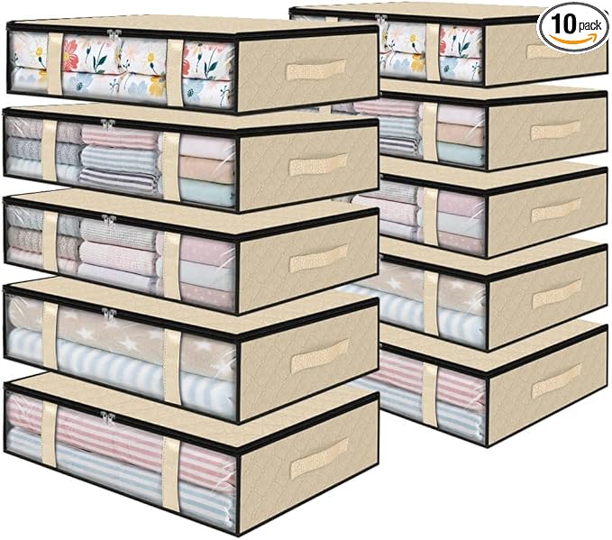StorageRight Under Bed Storage Bins,10-Pack 40L Foldable Fabric Storage Bags with Transparent Window, Breathable Organizer for Clothes/Blanket/Comforter/Quilts,Beige