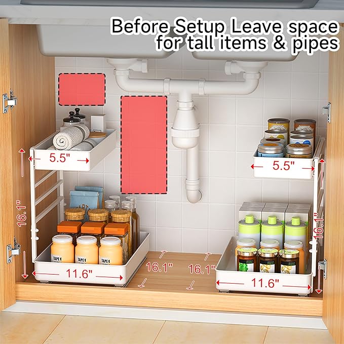 EVERIE Height Adjustable 2 Tier Metal Pull Out Slide Shelf Organizer for Framed or Frameless Under Sink Cabinets in Kitchen, Bathroom, with Snap-on Top Tray (White, 2 Sets)