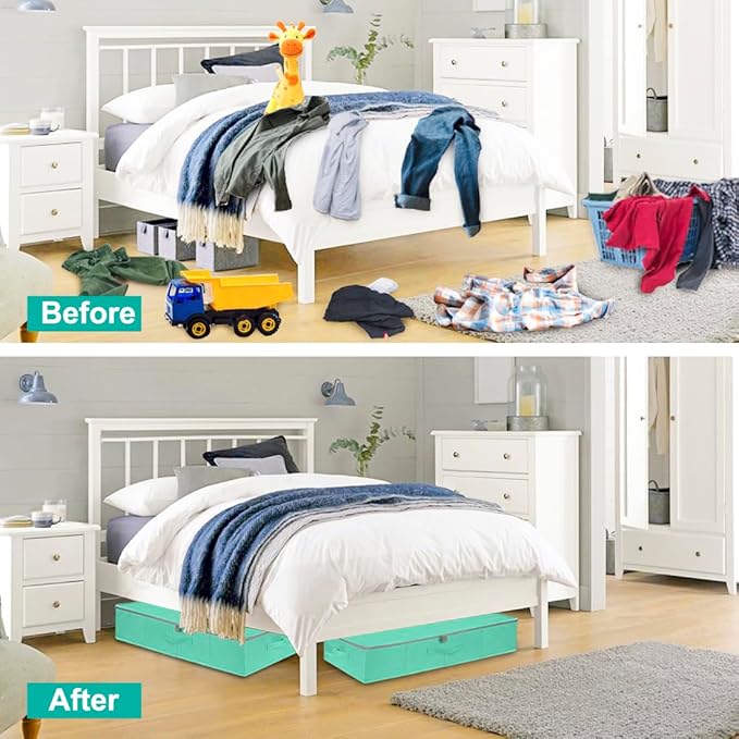 punemi 2-Pack Under Bed Storage Containers, 6.7 Inches Tall Underbed Clothes Storage Organizer Bin with Sturdy Sidewalls/Bottom, Underbed Storage Bins 2 Storage Thin Bins with Handles, Teal Blue