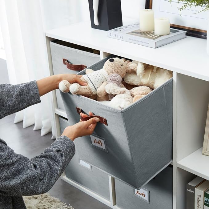 DECOMOMO Storage Baskets, 13x15x13 Storage Cube Bins with Labels for Organizing Shelves Kallax (Kallax / 4pcs, Grey)