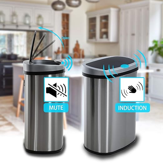 HCB Trash Can Automatic Waste Bin Mute Metal Garbage Can with Lid Stainless Steel 13 Gallon 50 Liter for Kitchen | Office | Bedroom | Bathroom | Living Room, 11” x 16” x 23”