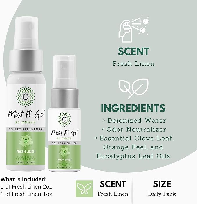 Mist N' Go Omaze Travel Toilet Spray Odor Eliminator - Fresh Linen Daily Pack (2oz + 1oz)