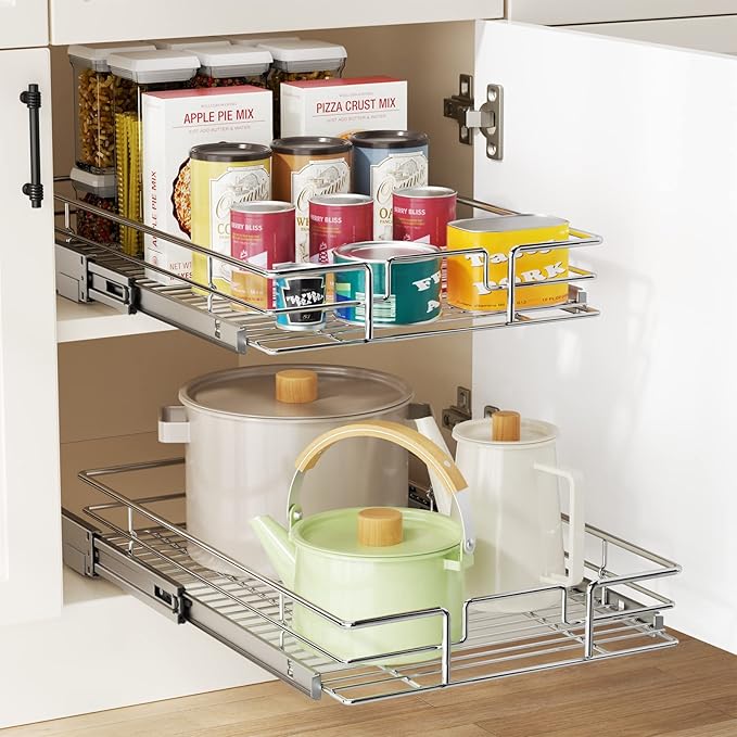 LOVMOR Pull Out Cabinet Organizer 11½" W x 21½" D, Kitchen Cabinet Pull Out Shelves Slide Out Storage