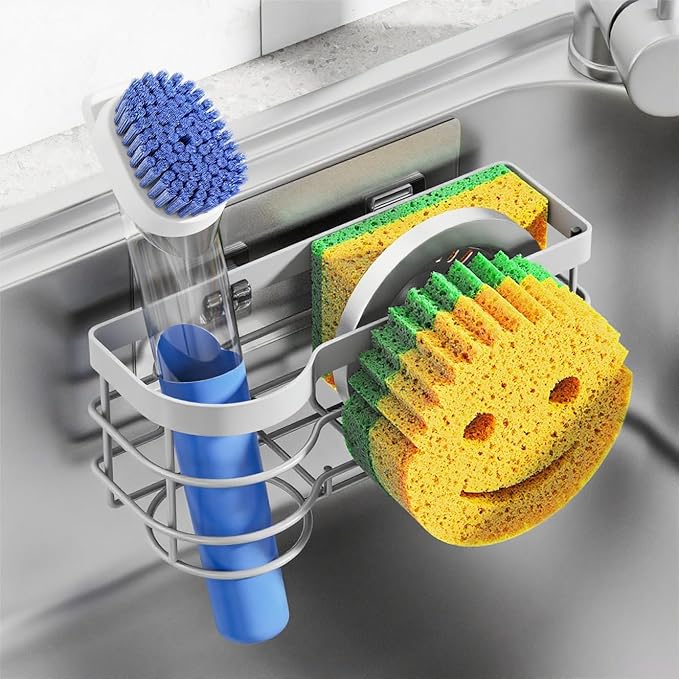 Cisily Grey Smiley Sponge Holder for Kitchen Sink Caddy, Stainless Steel Brush Holder Dish Cloth Hanger, Suction Cup Sink Organizer Scrubber