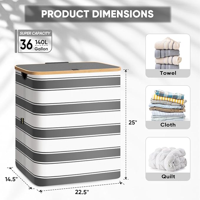 BALEINE Laundry Hamper with Lid, Tall Laundry Baskets with Bamboo Pull Handles, Large Laundry Bin with Internal Support (36 Gal/140L, Grey Stripe)