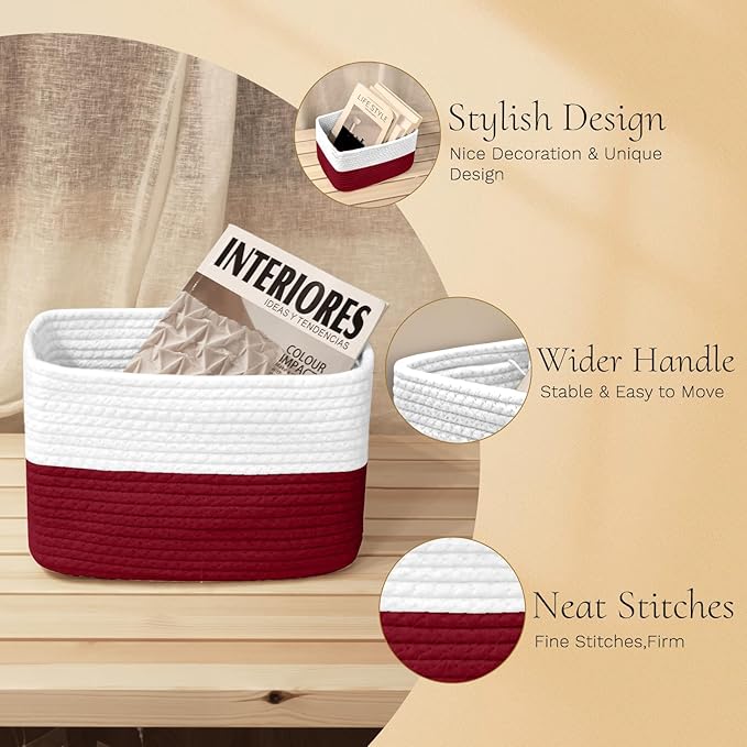 Hopegiver Woven Storage Baskets 11x8x7 Inch, 3 Pack Collapsible Cube Storage Bin for Shelves - Foldable Cotton Rope Organizer Bins for Towels, Toys, Books, Closet, Nursery (White Red)