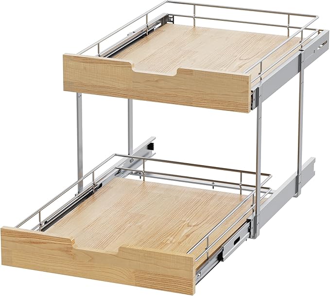 Pull Out Cabinet Organizer,Heavy-Duty Slide Out Shelf, Wood and Wire Basket, Pull Out Drawer for for Kitchen Under Sink Space, Pantry, Bathroom, 2 Tie 20 * 21 in