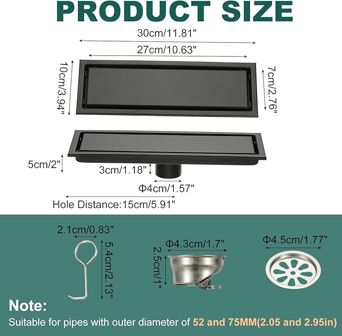 uxcell Rectangular Shower Drain, Brushed 304 Stainless Steel Odor-Proof Floor Drain Linear Shower Drain Hair Catcher for Bathroom Kitchen and Laundry Room(12 Inch, Black)