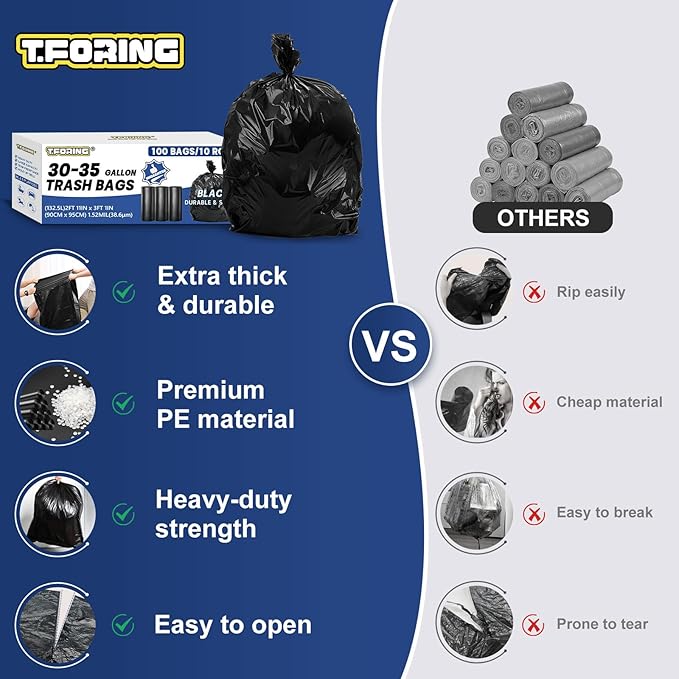 30-35 Gallon Trash Bags Heavy Duty 1.5 Mil - 35" x 37" 100 Count Large Black Garbage Bags 30+ Gallon Strong Plastic Trash Can Liners for Home Kitchen Commercial Lawn and Leaf