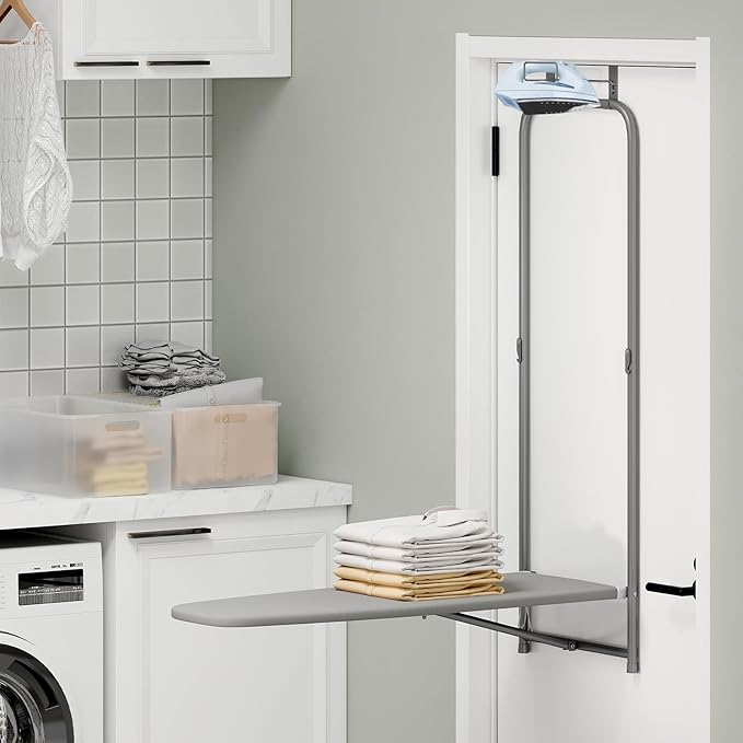 COSTWAY Over The Door Ironing Board, Space-Saving Metal Hanging Ironing Board with Iron Holder & Cotton Cover, Compact Fold Down Iron Stand for Home, Apartment, Laundry Room, Dorm, Gray