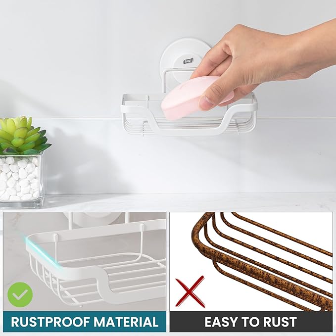 TAILI Soap Holder Bar Dish Suction Cup, Bar Shampoo Rack for Shower Wall, Draining Soap Saver Tray for Bathroom, Rustproof Stainless Steel Sponge Holder for Tub, Kitchen, Drill-Free, White