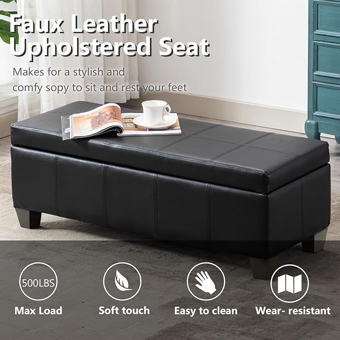 51 Inch Black Faux Leather Ottoman with Storage, Rectangular Extra Long Bench, End of Bed Bench with Large Storage for Bedroom, Living Room