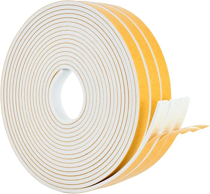 High Density Foam Weather Stripping Door Seal Strip Insulation Tape Roll for Insulating Door Frame, Window, Air Conditioner | Self Adhesive Sealing Weatherstrip (White, 1/2 in x 1/8 in x 50)