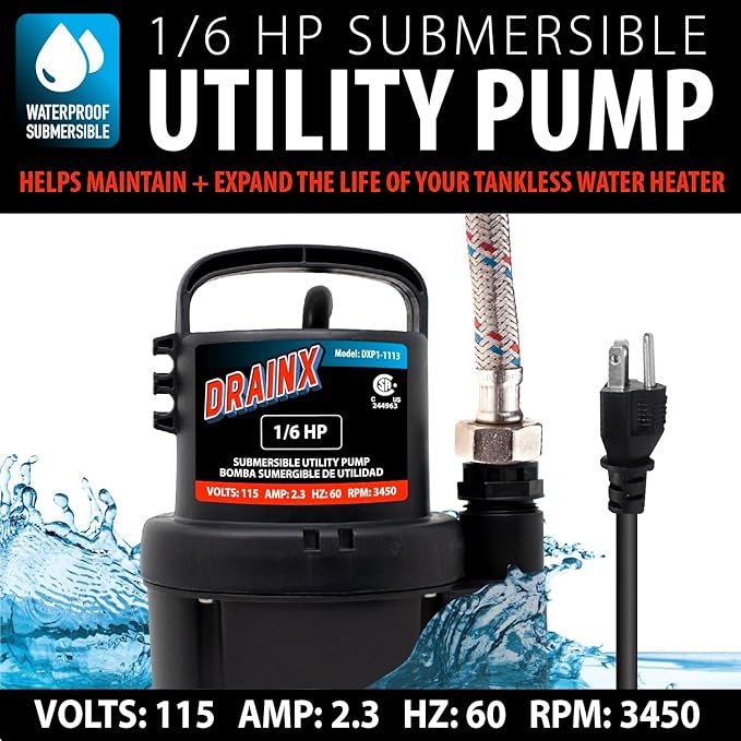 DrainX Tankless Water Heater Flush Kit Includes 4 Quarts of Eco Friendly and Powerful Liquid Descaling Solution for 4 Uses, 5 Gallon Bucket and 1/6HP Extra Strength Pump