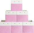 13 x 13 Inch Fine Linen Storage Bins with Handles，Fabric Cube Boxs，Collapsible Basket Organizers for Shelves for Home, Closet Drawers (White/Pink-6 Pack)