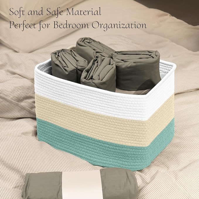Hopegiver Woven Storage Baskets 15x11x10 Inch, 3 Pack Collapsible Cube Storage Bin for Shelves - Foldable Cotton Rope Organizer Bins for Towels, Toys, Books, Closet, Nursery (White Cream Green)