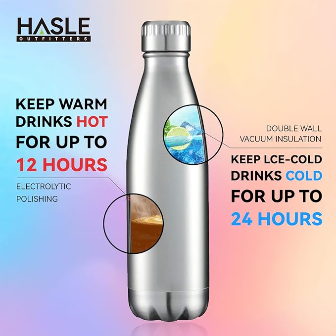 HASLE OUTFITTERS 17oz Stainless Steel Water Bottles Bulk, Vacuum Insulated Water Bottles Double Walled Reusable Metal Sports Water Bottles Keep Drinks Hot and Cold, Stainless, 4Packs