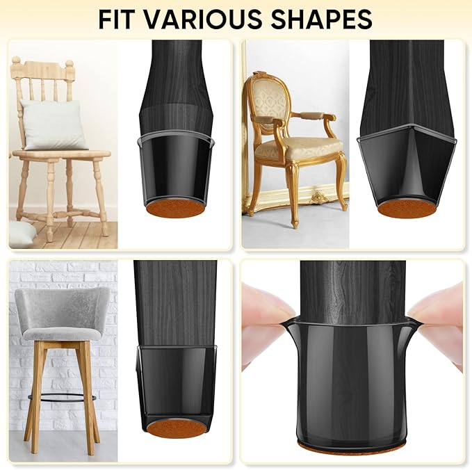 BALEINE 16 Pack Silicone Chair Leg Floor Protectors, Stool Leg Protectors Cap, Non-Slip Chair Leg Caps for Hardwood Floors (Black & Large, 16 Pack)