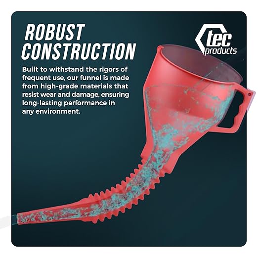 TEC Products FlexAll Long Flexible Funnel for Automotive Use - Durable Nitrile Rubber - Ideal for Car Oil Change, Transmission Funnel Fluid, Diesel, Fuel, Gas - Made in USA - Red (12 x 4 Inches)