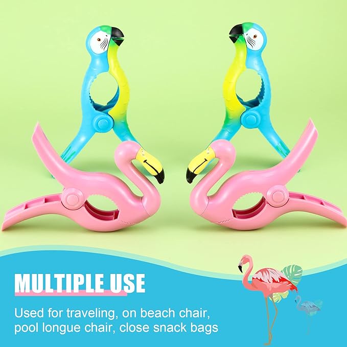 4 Pieces Beach Towel Clip Jumbo Size Chair Clips Towel Holder Clothes Pegs Christmas Stocking Clamp for Cruise Patio Pool Holiday Vacations(Parrot, Flamingo,Blue, Pink)