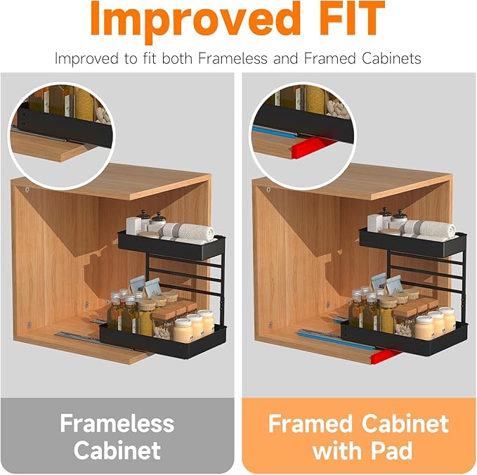 EVERIE Metal Pull Out Slide Shelf Organizer for Under Sink Organization in Kitchen, Bathroom, Counter, Cabinets, Minimum Available Space 13" Wide x 16.5" Deep (Black, 1 Set)