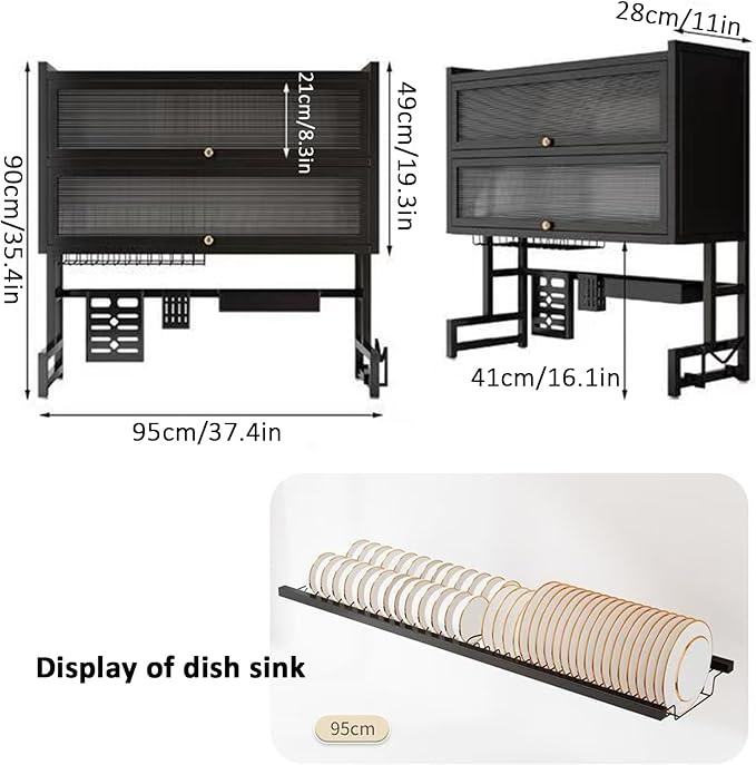 Dish Drying Rack 4 Tiers with Cover, Keep Kitchen Sink Shlef Organized Space-Saving, Large Drying Rack for Dishes, Glasses, Bowls, Cutlery black W-37.4in