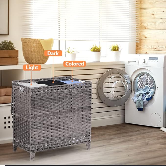 Laundry Hamper with 3 Removable Liner Bags; 132L Handwoven Rattan Laundry Basket with Lid & Heightened Feet; Clothes Hamper with Side Handles; Laundry Sorter with 3 Separate Sections (Gray)