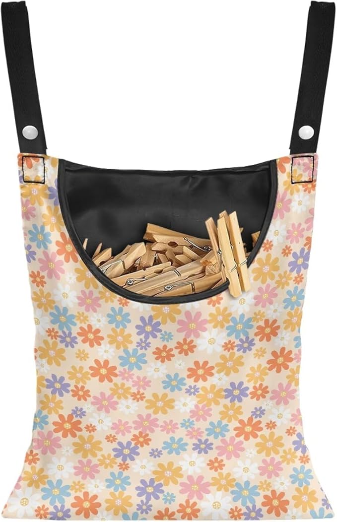 2 Pcs Flower Clothes Pin Hanging Bag, Clothespin Bag Organizer Clothes Pin Bag to Hang on Line with Large Opening Washable Clothespin Storage Bag